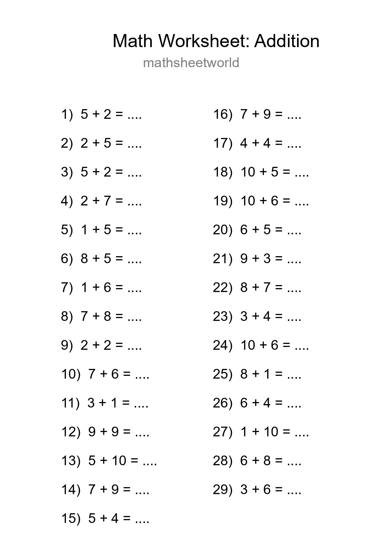 Printable Free 29 Addition Math Worksheet For Grade 1 - Part 67