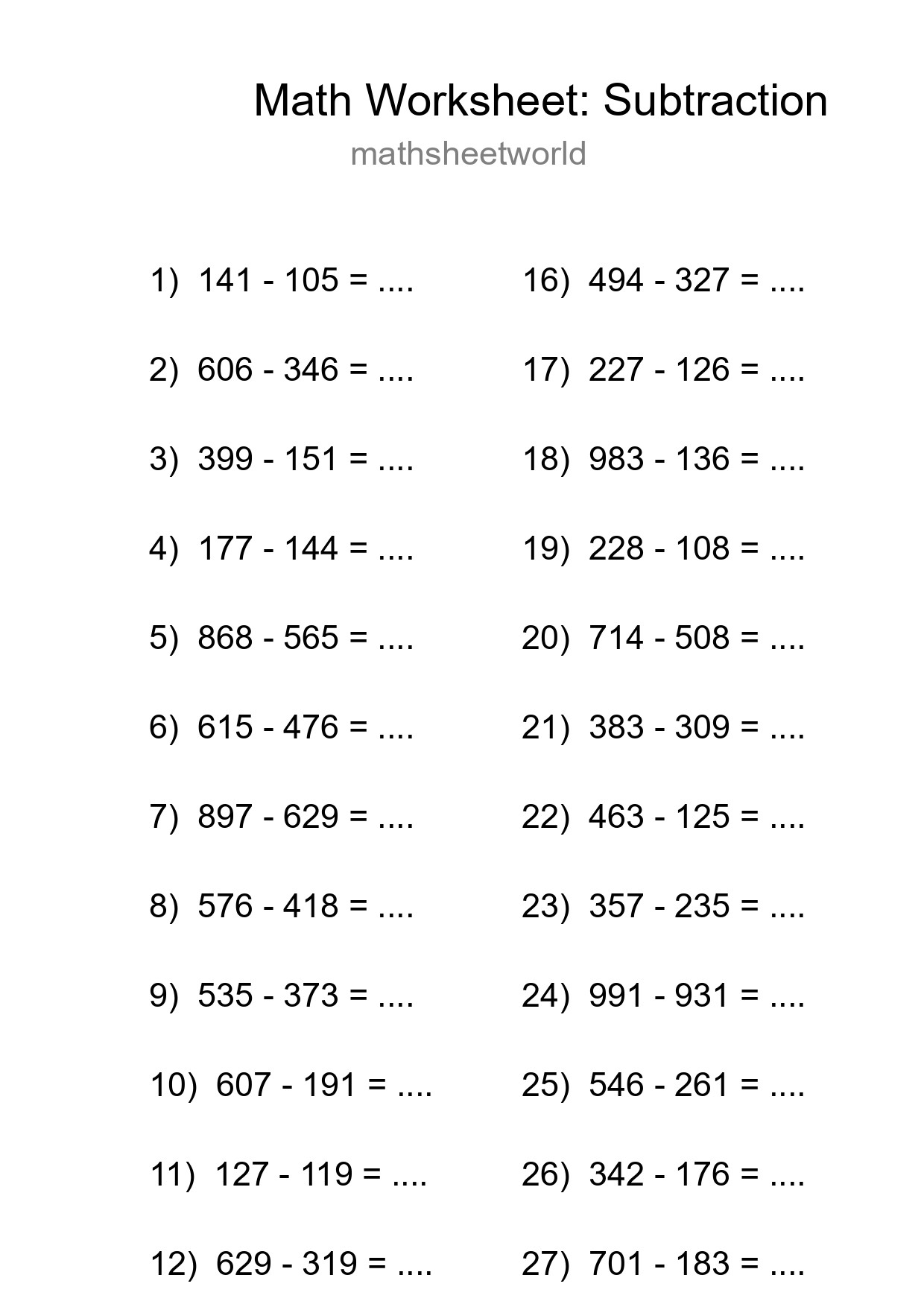 Printable Free 29 Subtraction Math Worksheet For Grade 5 - Part 8